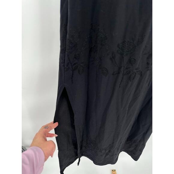 Vintage Y2K Black Rose Embroidered Maxi Dress Leg Slit Size 10 Whimsygoth Grunge - Picture 4 of 7